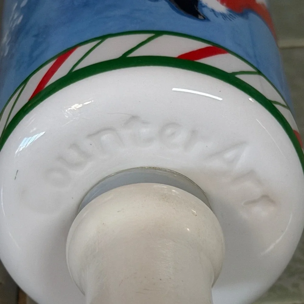 CounterArt Ceramic Rolling Pin Christmas Dancing Santa Blue Holiday Kitchenware